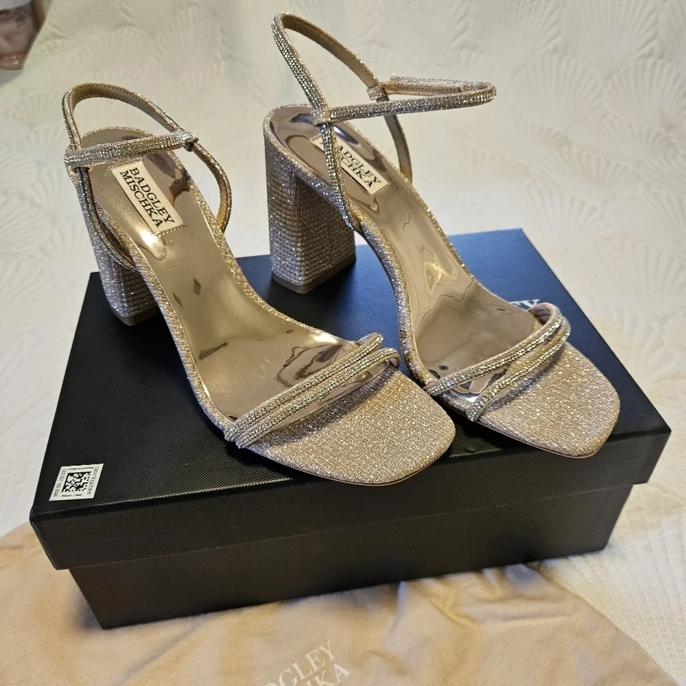 BLADGLY MISCHKA Fiery Pale Gold Bejeweled Block Heel Sandal NIB